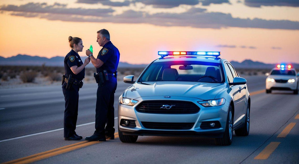 A car pulled over by police on a desert highway, with flashing lights and a breathalyzer test being administered to the driver