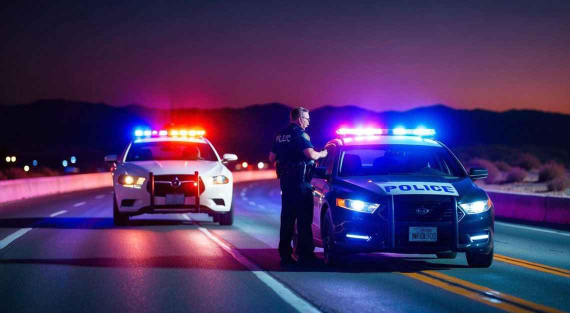 A car being pulled over by police with flashing lights on a desert highway at night