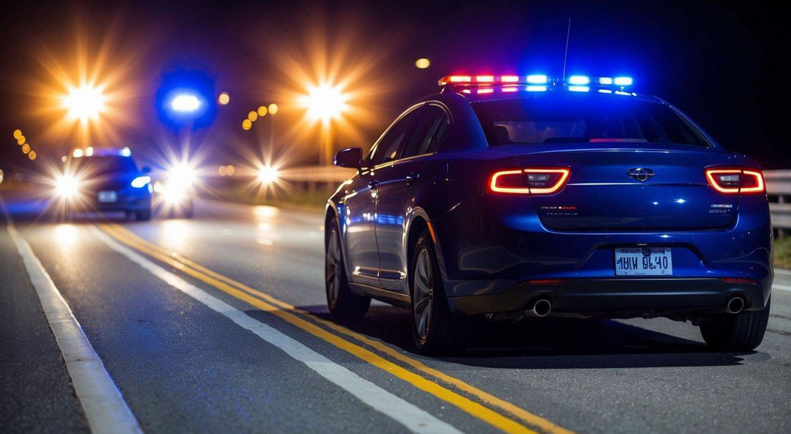 A car pulled over on the side of the road at night, with flashing police lights behind it